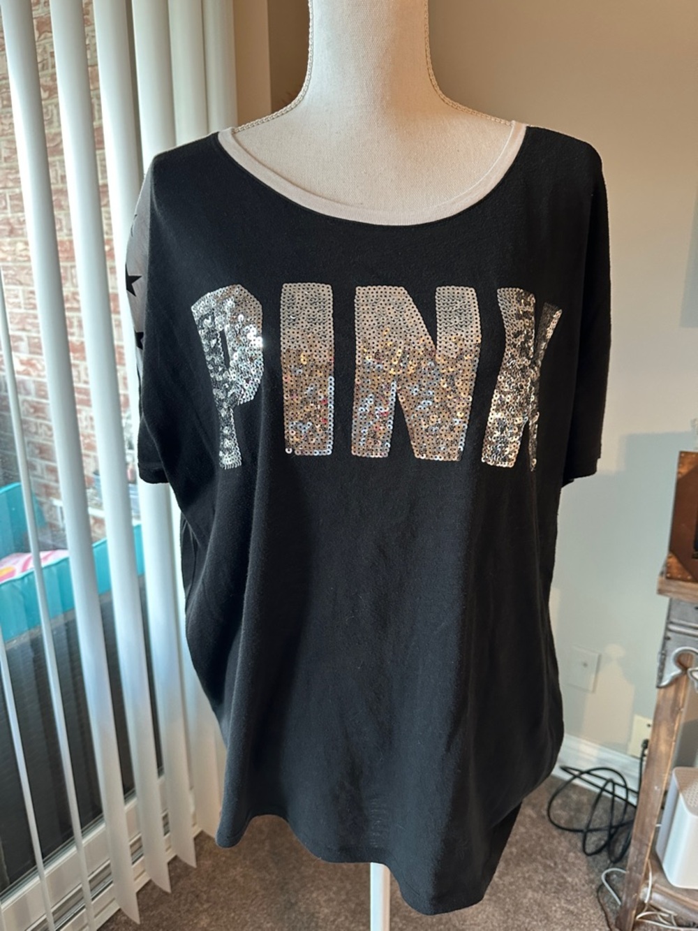 PINK Victoria's Secret Black Short Sleeve Tee with Silver Sequin Logo